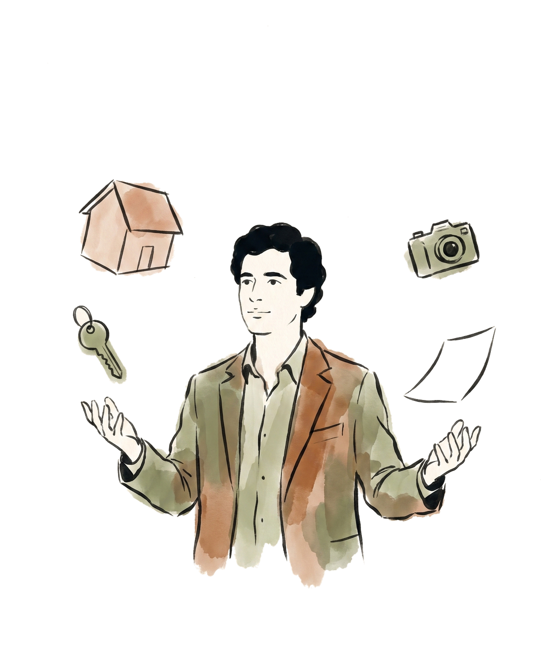 Um consultor a fazer malabarismo com casa, chave, câmara e papel